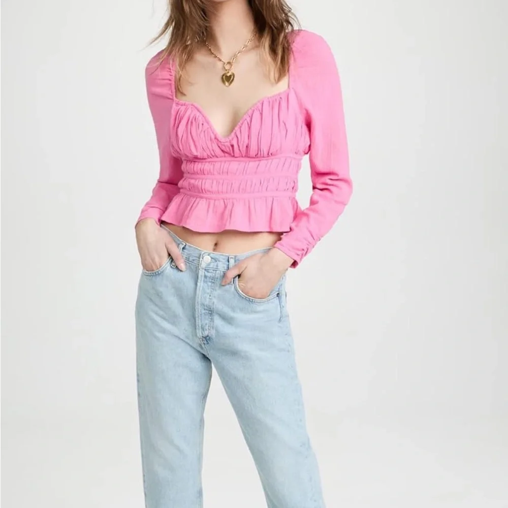 FREE PEOPLE CHLOE TIE BACK LONG SLEEVES CROPPED SMOCKED TOP BLOUSE HOT PINK SZ S